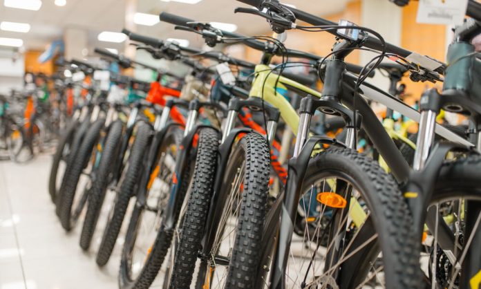 Rows of mountain bicycles in sports shop, nobody